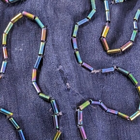 VTG Navy Blue Gold Silk Beaded Short Sleeve V Neck Formal Midi Dress - Picture 10 of 10
